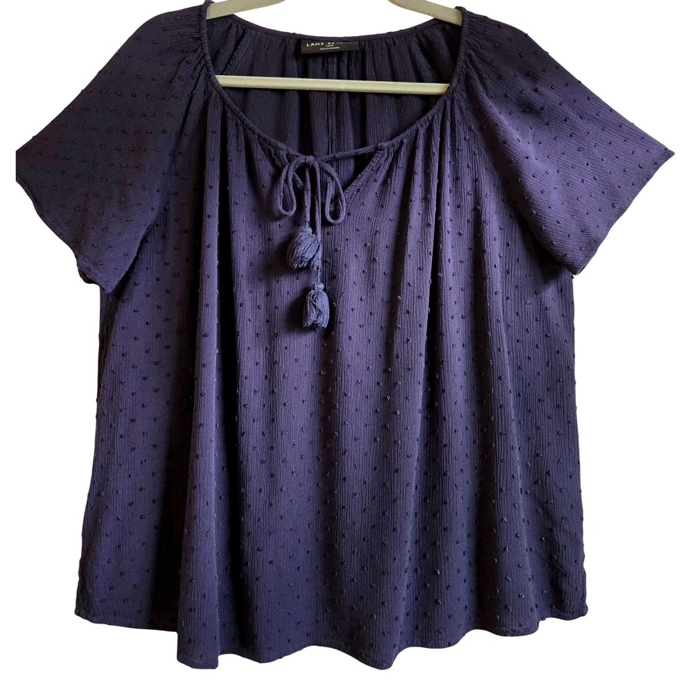 Lane Bryant Navy Blue Swiss Dot Peasant Blouse Tassel Tie Short Sleeve Top 14/16